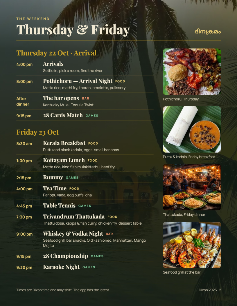 Thursday and Friday schedule: meals, games and bar nights